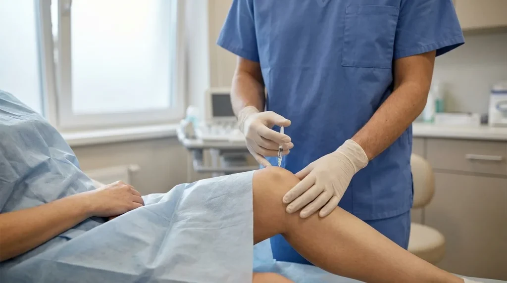 Injection intra-articulaire réalisée sur un genou dans un cabinet médical