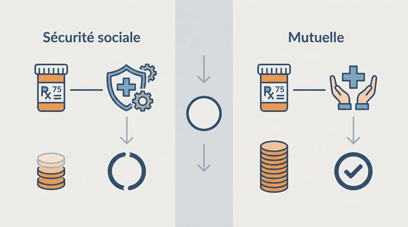 Schéma comparatif du statut de remboursement Sécurité sociale et de la prise en charge mutuelle pour l'Arthrum 75