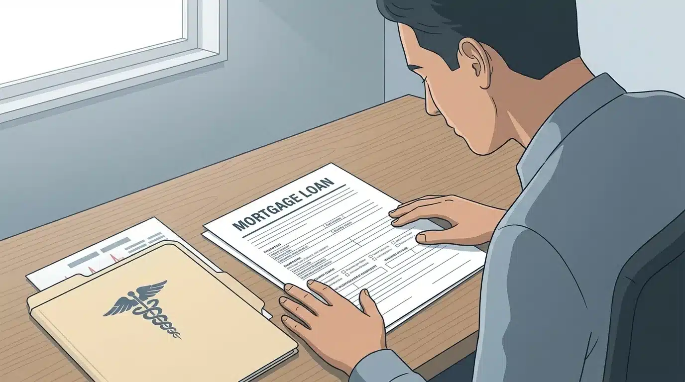 Personne consultant un document de prêt immobilier avec un dossier médical posé sur la table