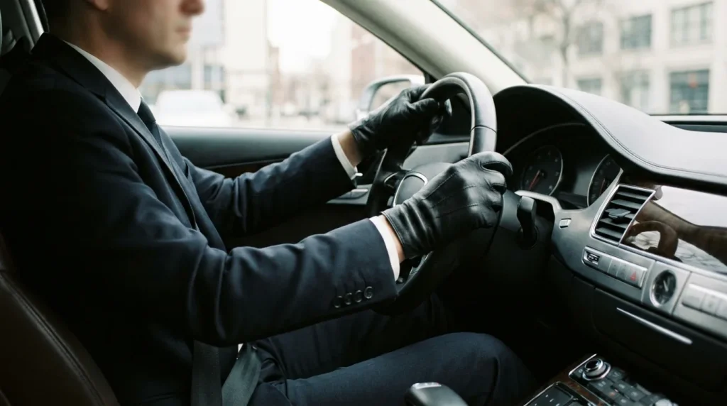 Chauffeur VTC professionnel au volant d'un véhicule, vue intérieure sobre en lumière naturelle
