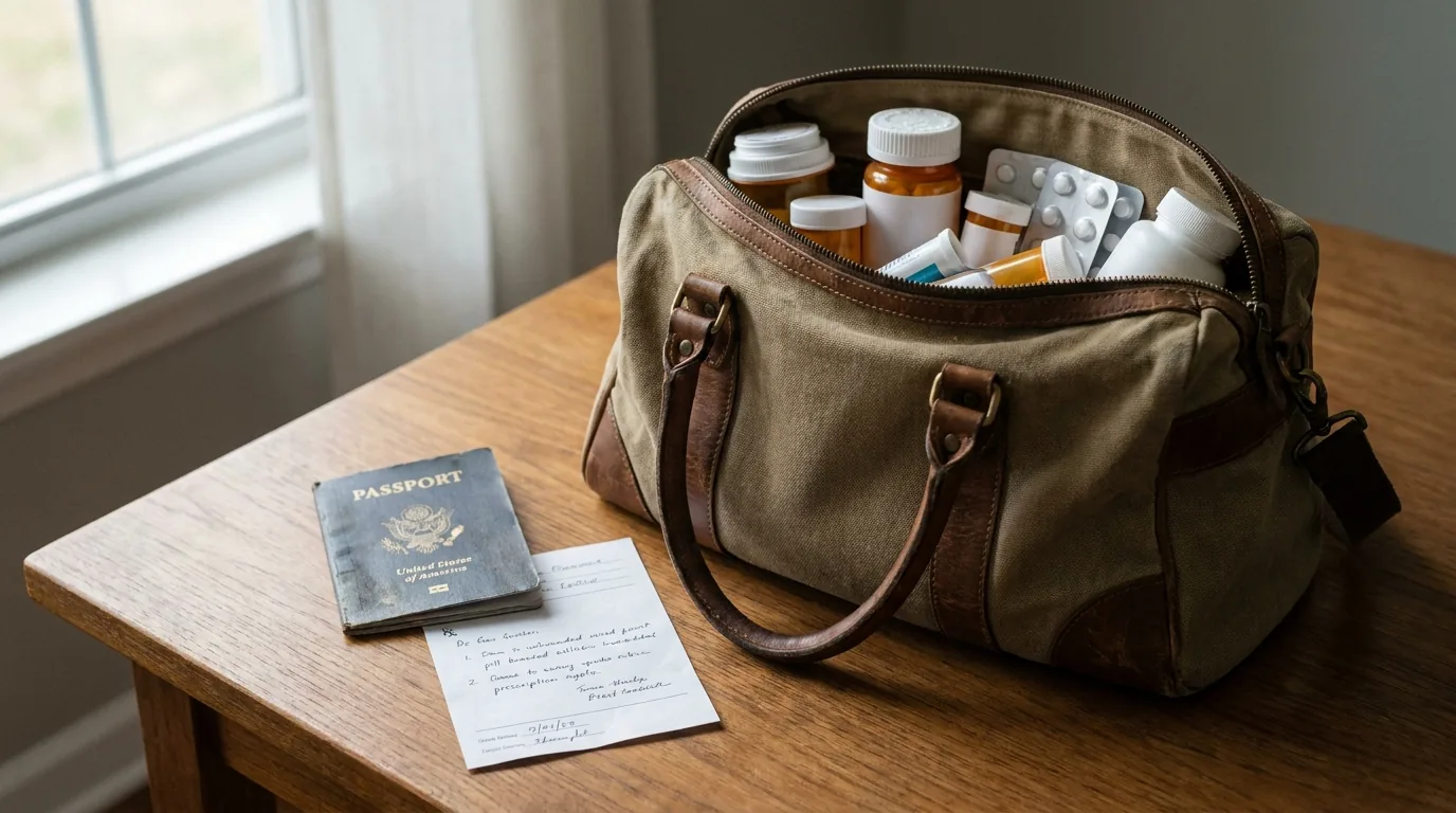 Médicaments, passeport et ordonnance médicale posés sur une table de voyage