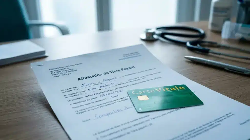 Attestation de tiers payant posée sur un bureau de cabinet médical à côté d'une carte Vitale