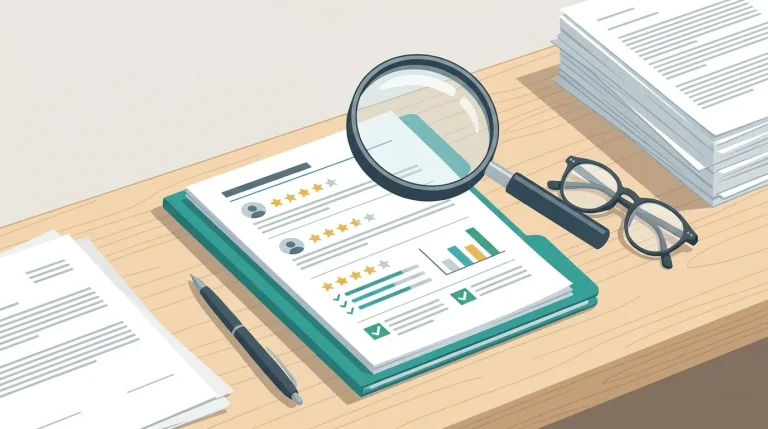 Dossier mutuelle santé posé sur un bureau avec une loupe symbolisant l'analyse de garanties