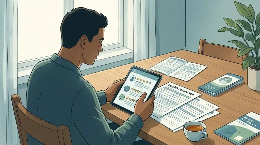 Personne consultant des avis clients sur une mutuelle santé depuis une tablette