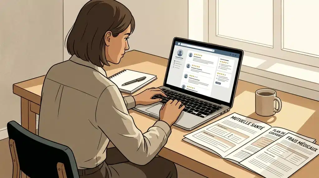 Personne consultant des avis sur une mutuelle santé devant un écran avec des documents posés sur un bureau