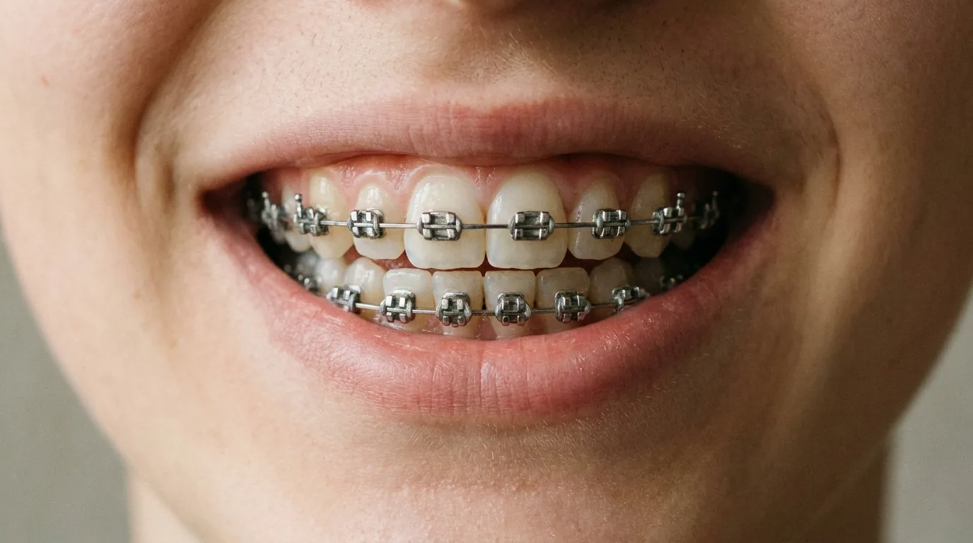 Gros plan sur des bagues dentaires métalliques posées sur les dents d'un adolescent