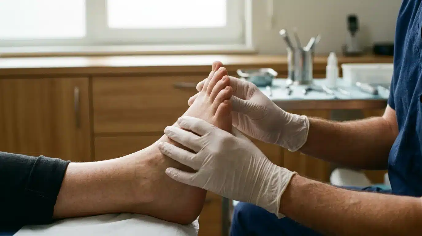 Podologue examinant le pied d'un patient lors d'un bilan podologique en cabinet