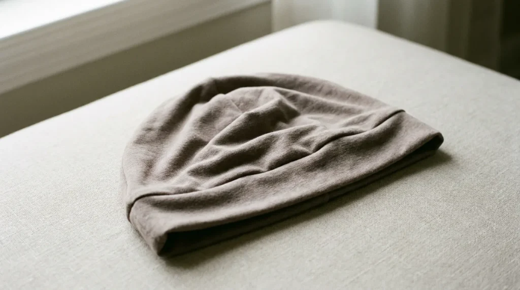 Bonnet chimio en tissu doux posé sur une surface neutre avec lumière naturelle douce