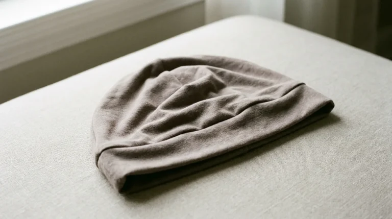 Bonnet chimio en tissu doux posé sur une surface neutre avec lumière naturelle douce