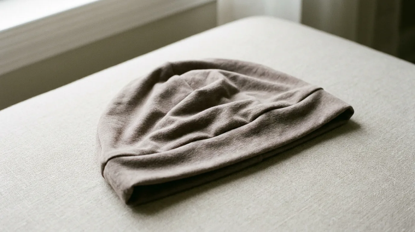 Bonnet chimio en tissu doux posé sur une surface neutre avec lumière naturelle douce