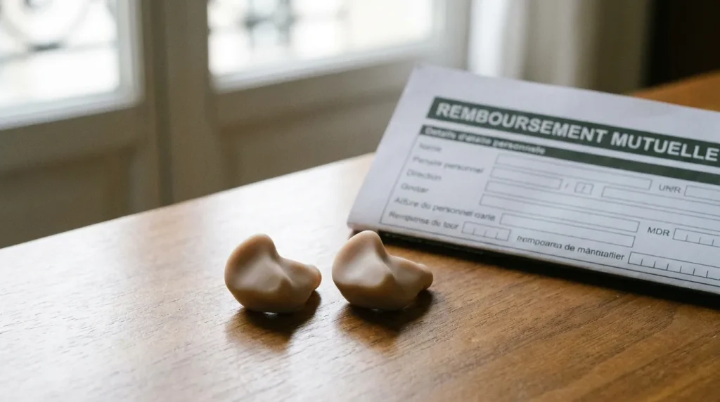 Paire de bouchons d'oreille sur mesure posée sur une feuille de remboursement mutuelle