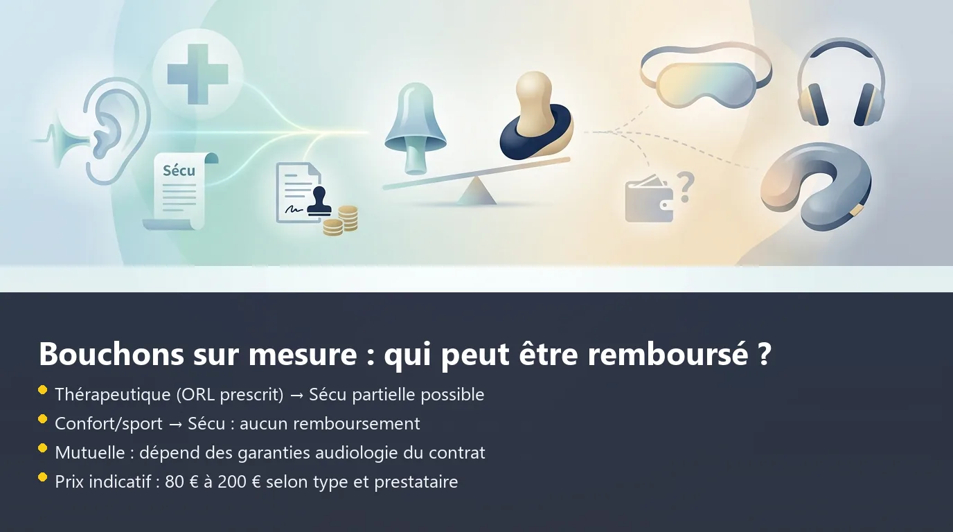 Infographie comparant le remboursement des bouchons d'oreille thérapeutiques et des bouchons de confort par la Sécu et la mutuelle