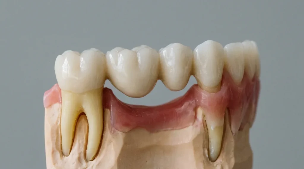 Modèle pédagogique d'un bridge dentaire sur deux dents piliers, fond neutre épuré