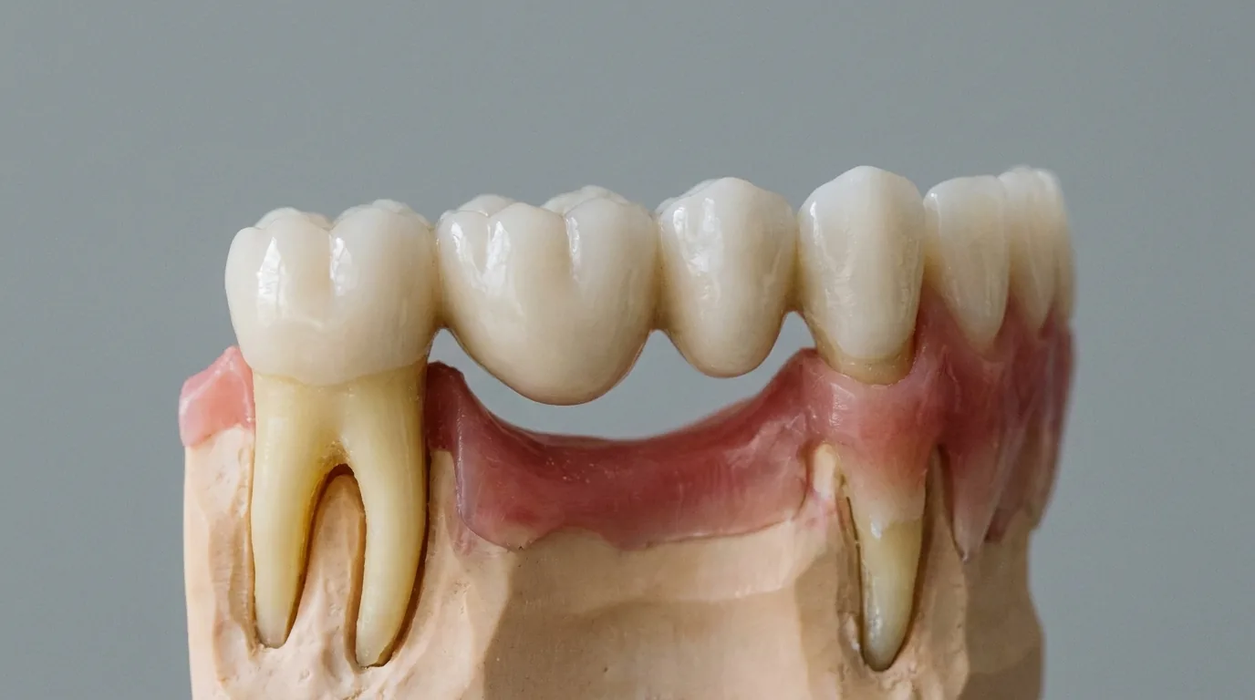 Modèle pédagogique d'un bridge dentaire sur deux dents piliers, fond neutre épuré