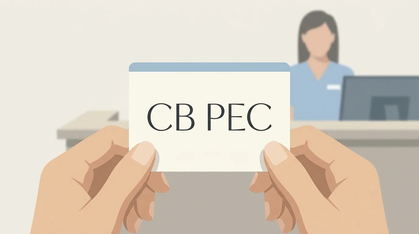 Carte de mutuelle présentée à un comptoir médical avec mention CB PEC visible