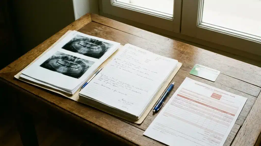 Dossier dentaire posé sur un bureau avec une carte de mutuelle et un formulaire de remboursement
