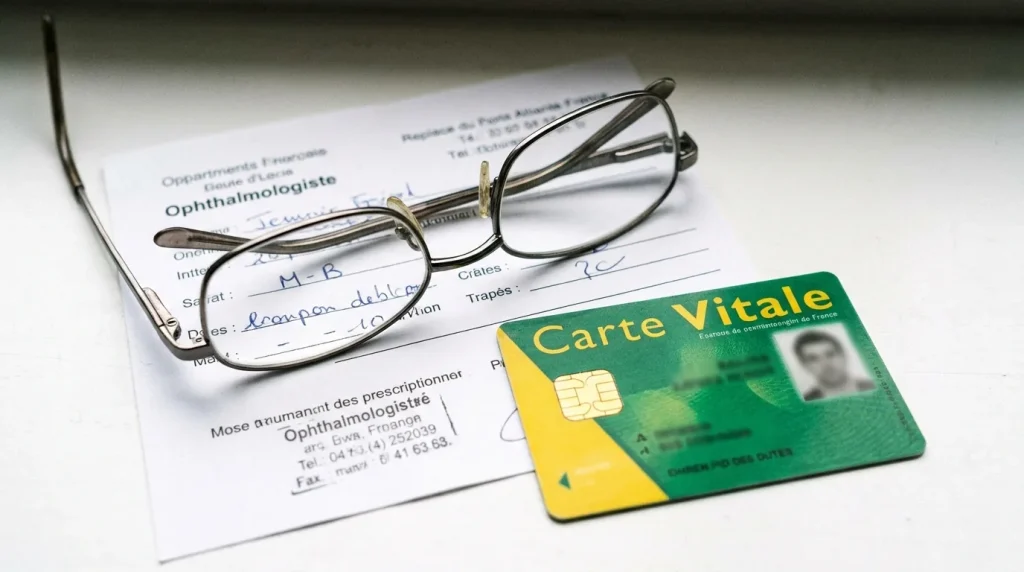 Paire de lunettes posée sur une ordonnance ophtalmologique et une carte Vitale
