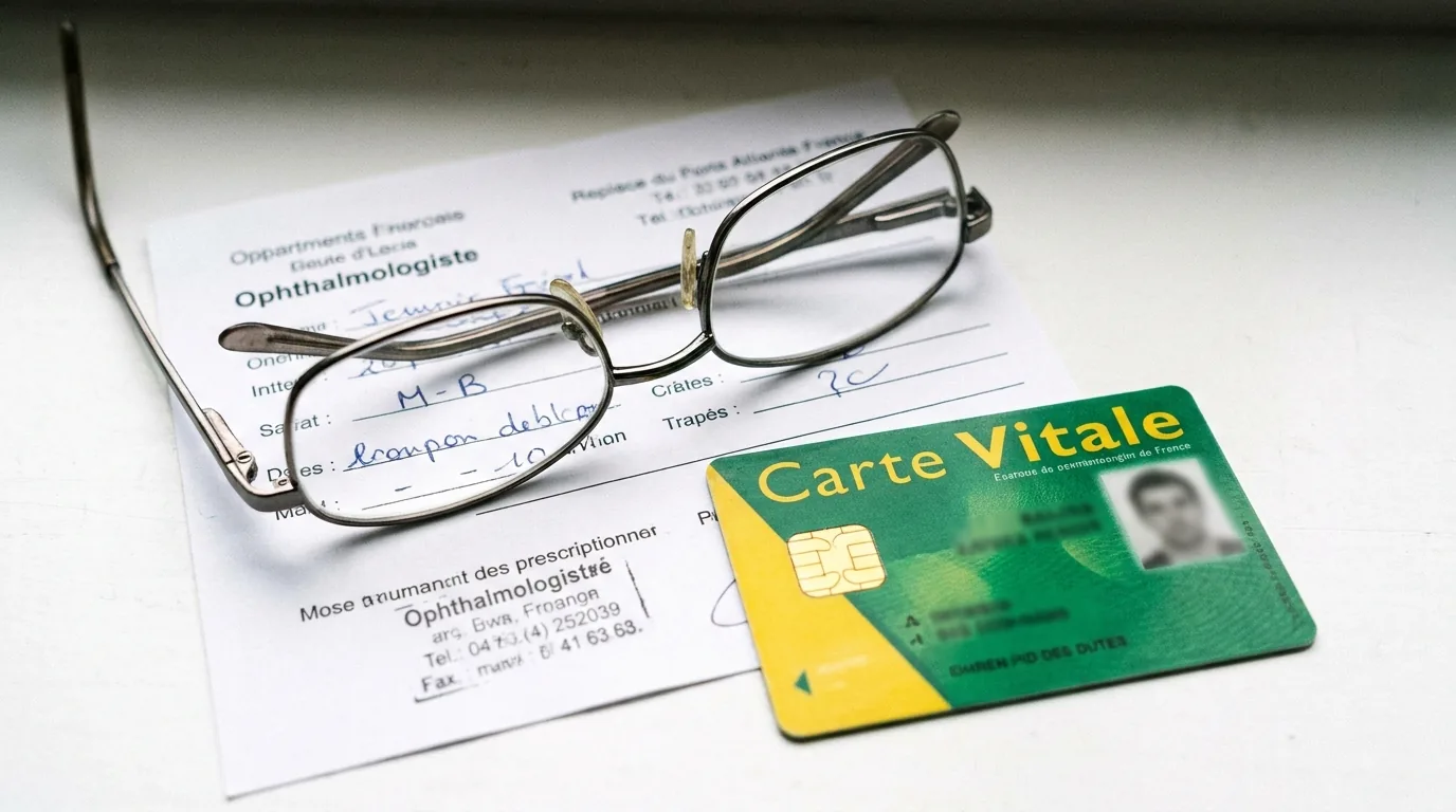 Paire de lunettes posée sur une ordonnance ophtalmologique et une carte Vitale