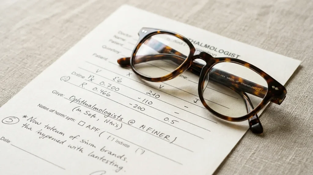 Paire de lunettes posée sur une ordonnance ophtalmologique sur fond neutre