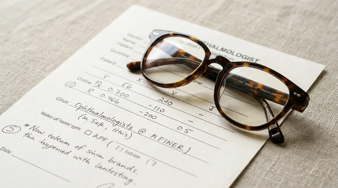 Paire de lunettes posée sur une ordonnance ophtalmologique sur fond neutre