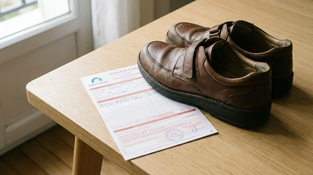 Paire de chaussures orthopédiques posée à côté d'une feuille de remboursement Sécurité sociale