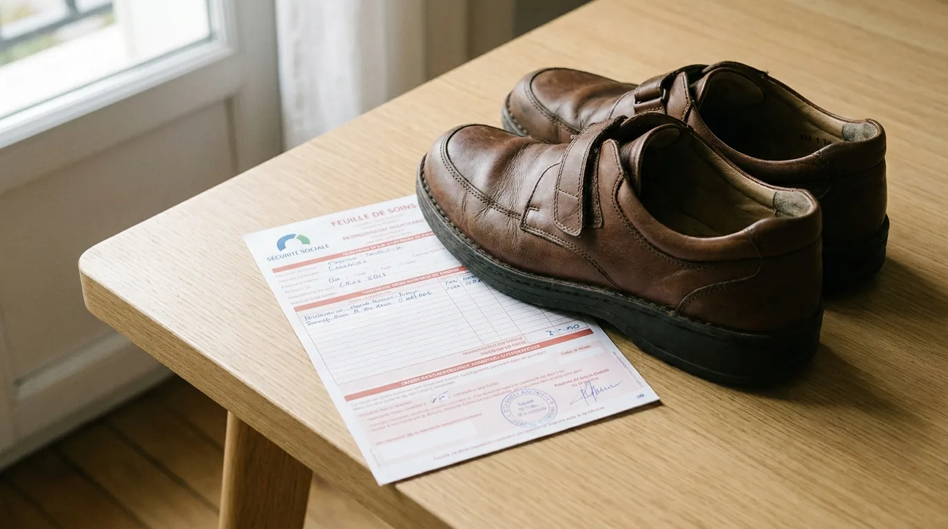 Paire de chaussures orthopédiques posée à côté d'une feuille de remboursement Sécurité sociale