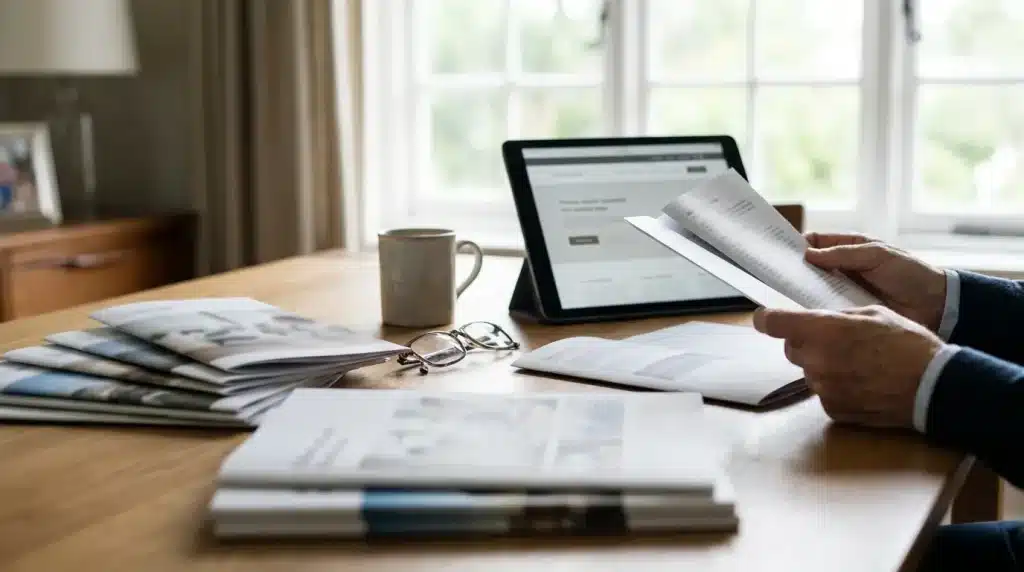 Couple senior consultant une documentation sur la mutuelle santé à domicile