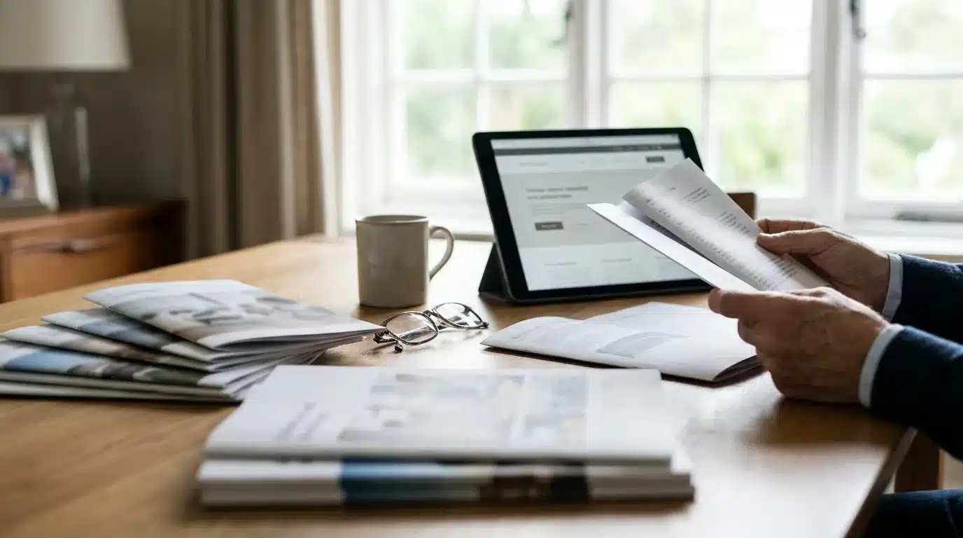 Couple senior consultant une documentation sur la mutuelle santé à domicile