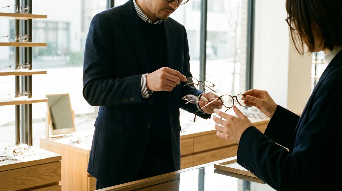 Opticien présentant des montures à un patient lors d'une consultation en magasin