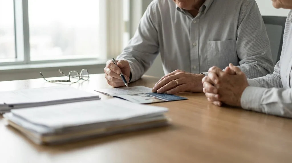 Femme senior consultant des documents de mutuelle santé à son domicile