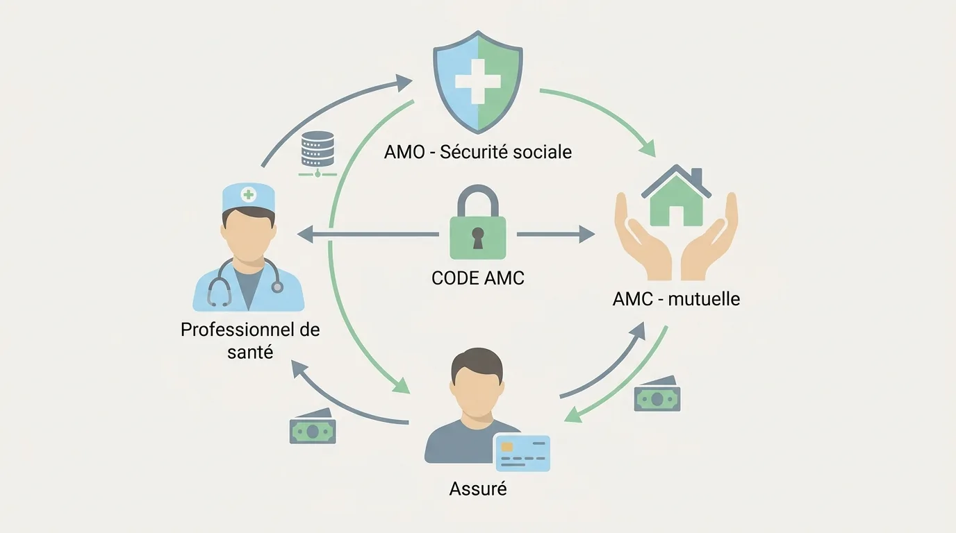 Schéma du circuit de remboursement entre assuré, professionnel de santé, AMO et AMC avec le code AMC comme lien