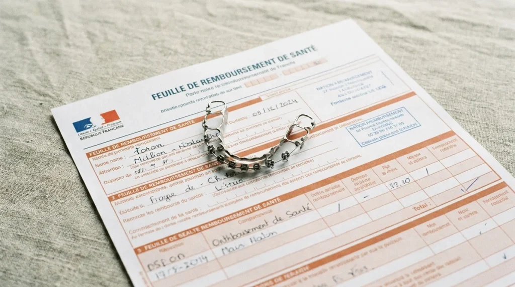 Appareil dentaire orthodontique posé sur une feuille de remboursement de santé