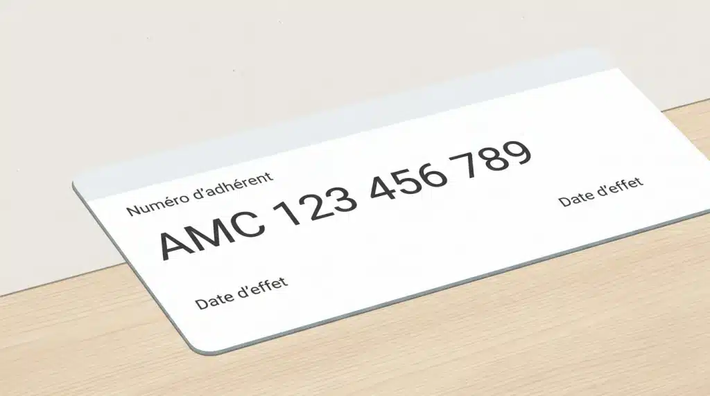 Carte de mutuelle posée sur un bureau avec le code AMC visible en gros plan