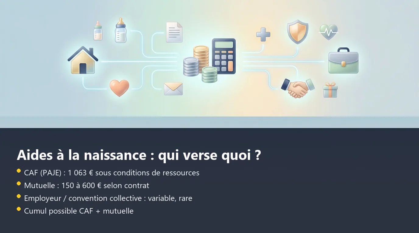 Aides à la naissance : qui verse quoi ? Comparaison des aides financières à la naissance : CAF, mutuelle et employeur avec montants respectifs