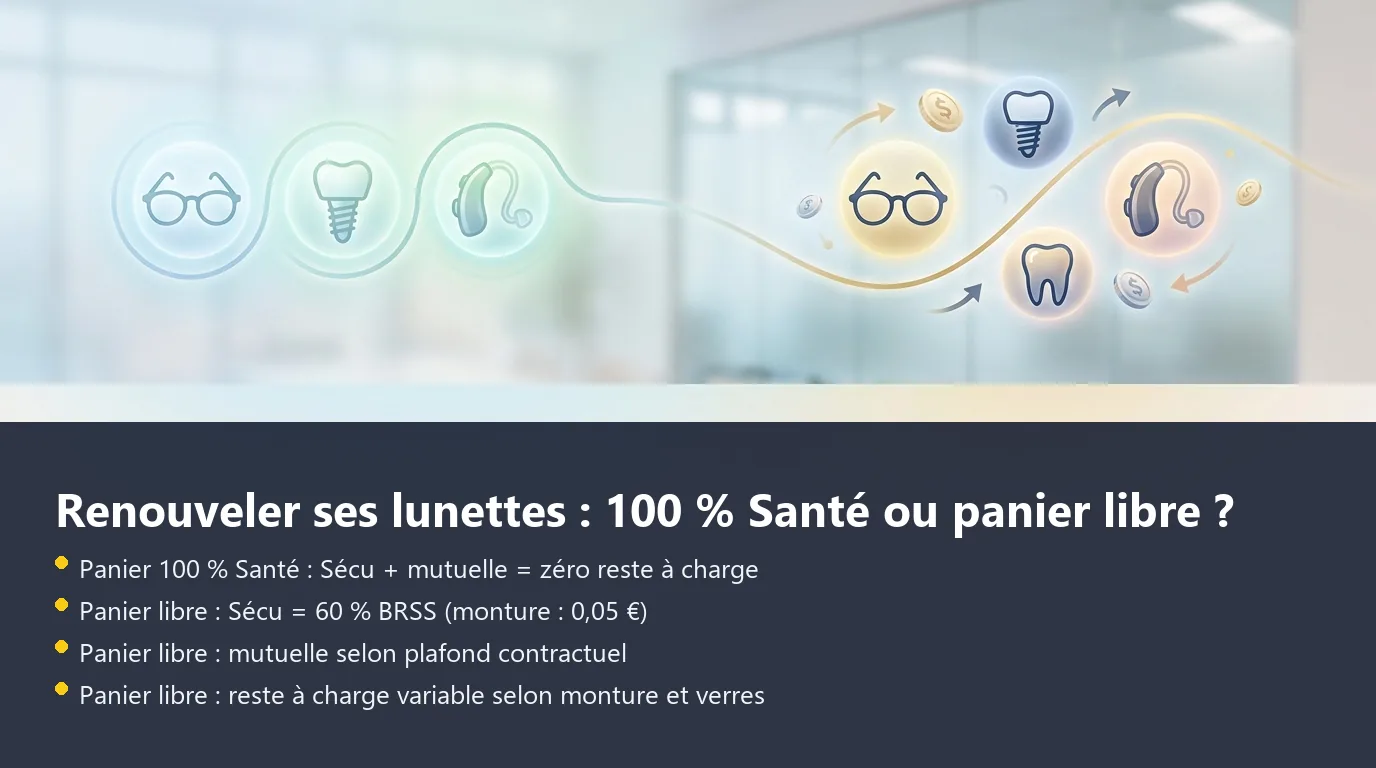 Panier 100 % Santé vs panier libre : qui paie quoi Infographie comparant le remboursement panier 100 % Santé et panier libre lors du renouvellement de lunettes