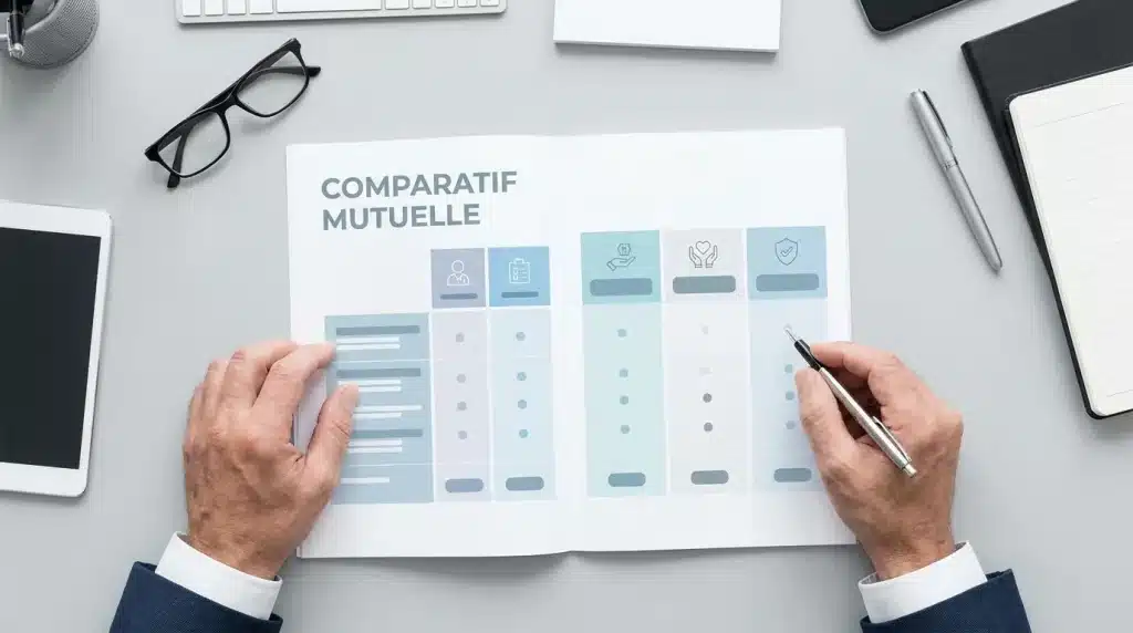 Senior consultant un document de comparatif mutuelle posé sur une table, vue de dessus sobre