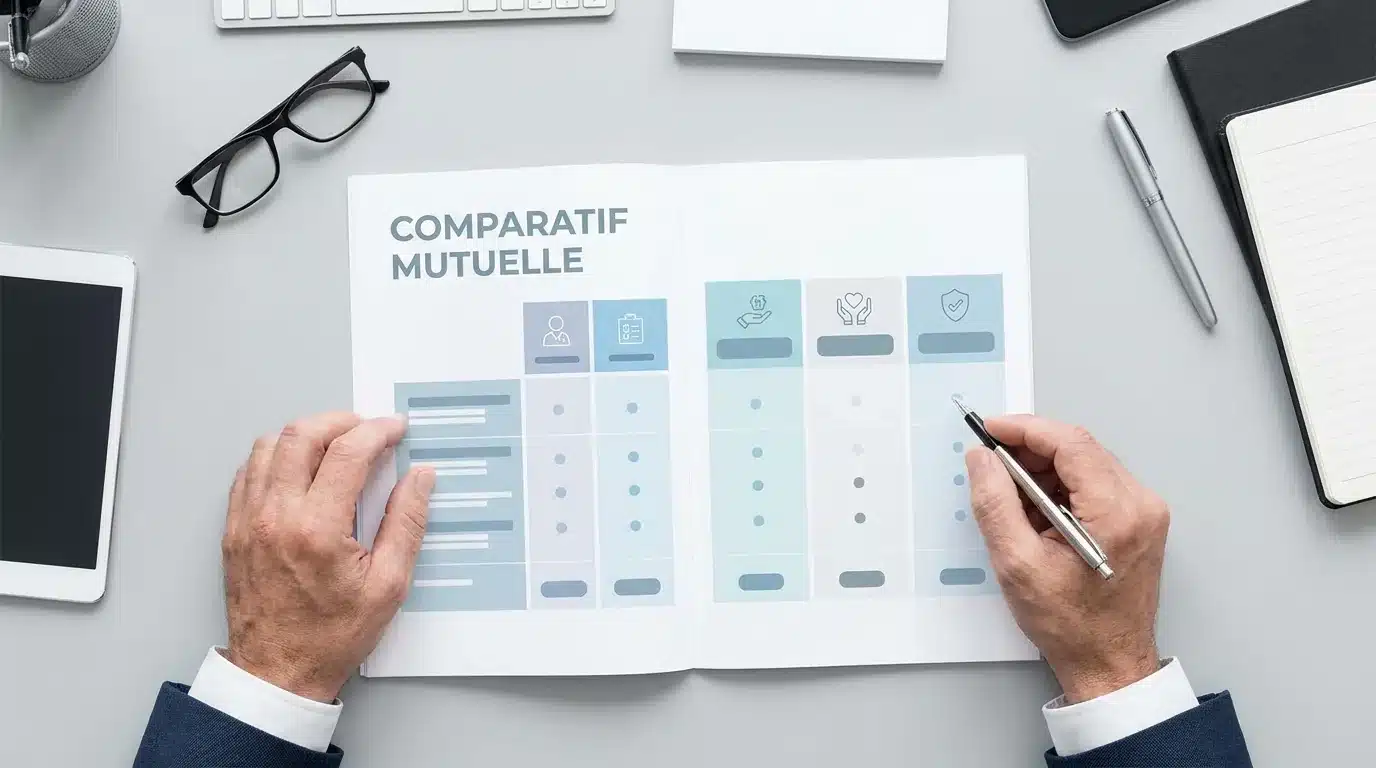 Senior consultant un document de comparatif mutuelle posé sur une table, vue de dessus sobre