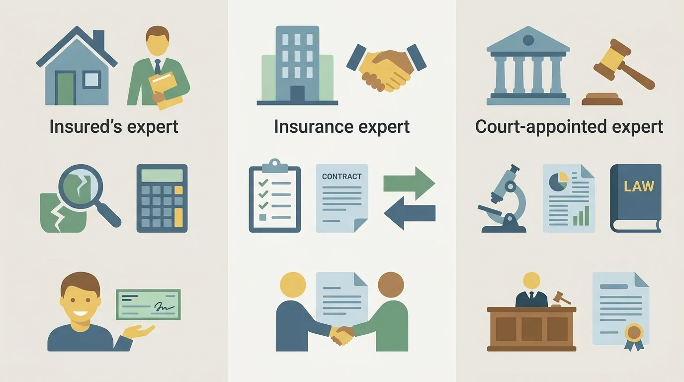 Schéma comparatif des trois types d'experts en assurance : assuré, assurance et judiciaire