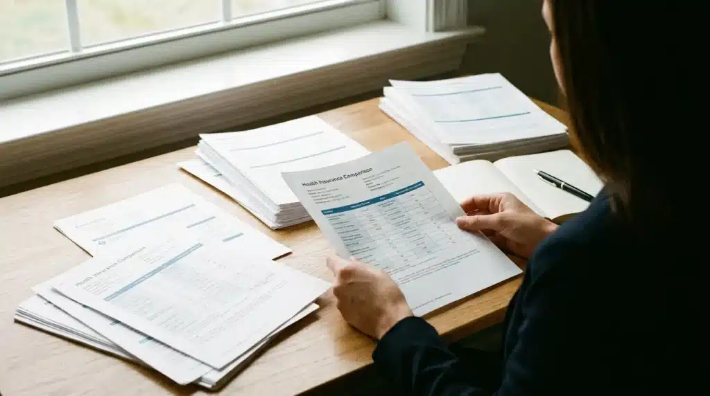 Personne consultant des documents de comparatif mutuelle santé à son bureau, lumière naturelle