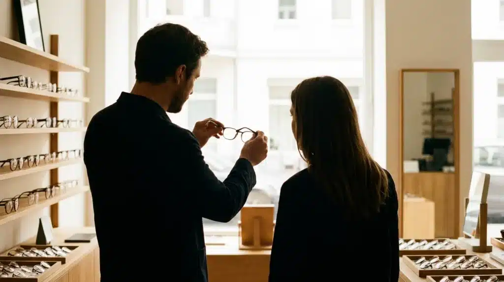 Opticien présentant une paire de lunettes à un client dans un magasin, lumière naturelle