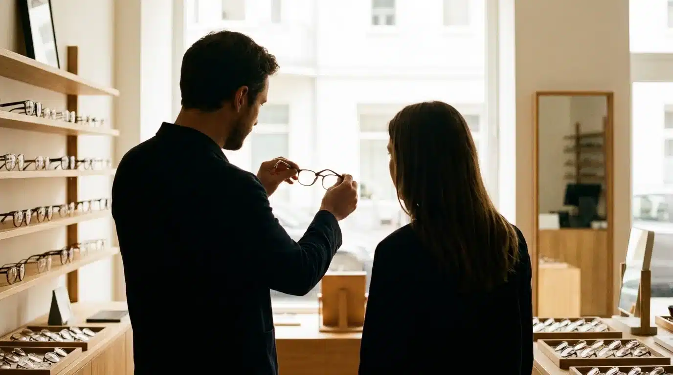 Opticien présentant une paire de lunettes à un client dans un magasin, lumière naturelle