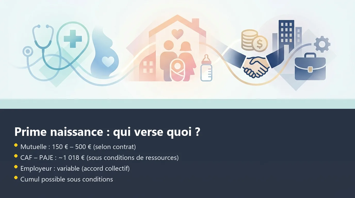 Infographie comparant les trois sources de prime à la naissance : mutuelle, CAF et employeur