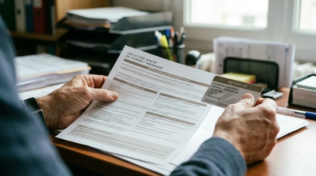 Salarié consultant ses documents de complémentaire santé collective au bureau, carte mutuelle visible