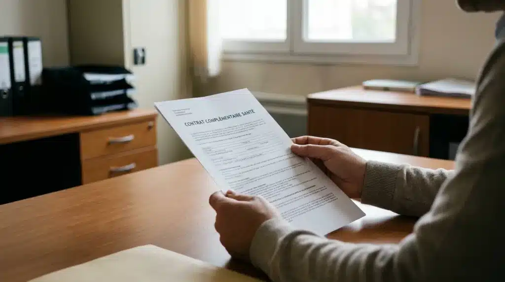 Personne consultant un document officiel de complémentaire santé sur un bureau sobre