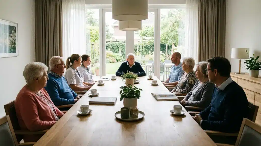 Réunion du conseil de la vie sociale dans un EHPAD avec résidents et familles autour d'une table