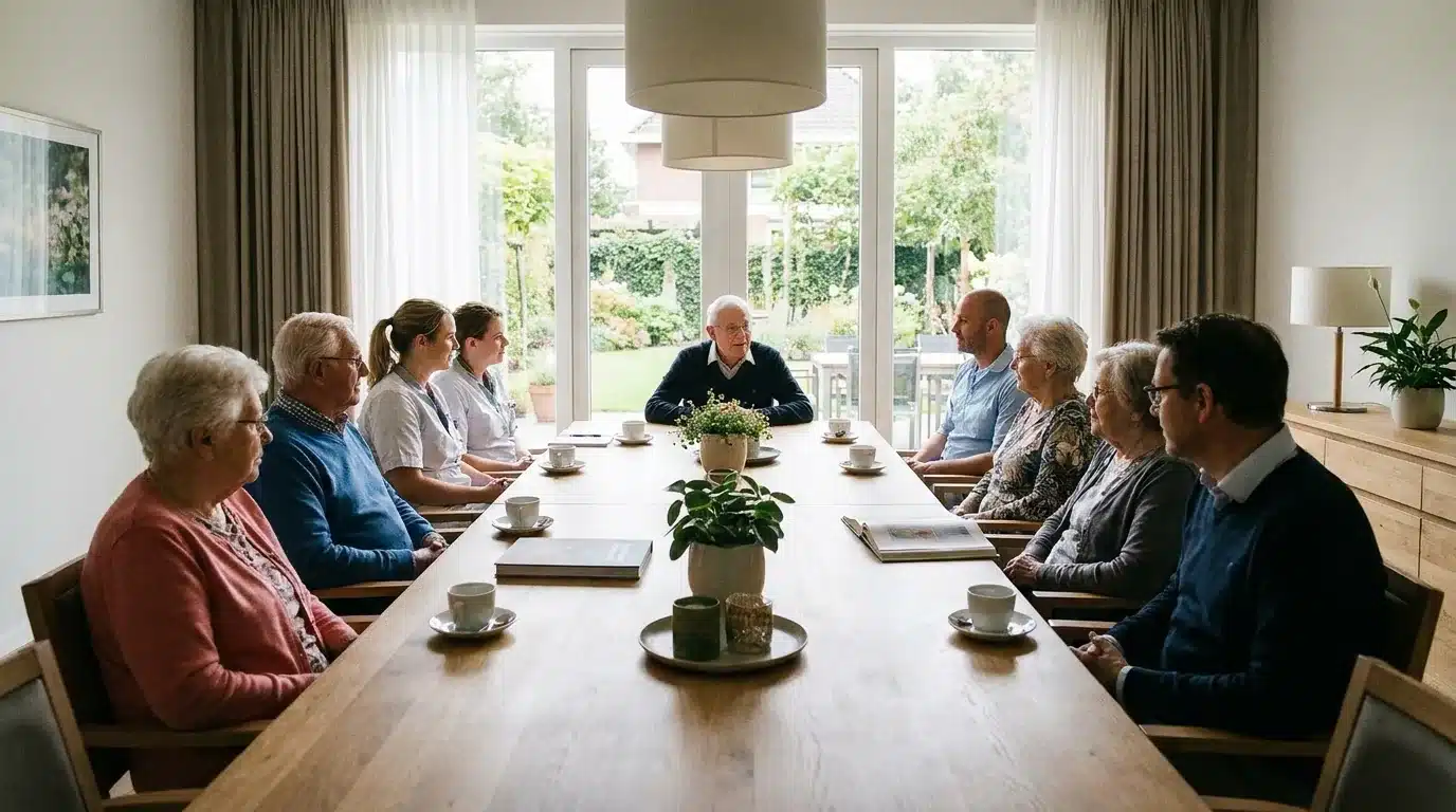 Réunion du conseil de la vie sociale dans un EHPAD avec résidents et familles autour d'une table
