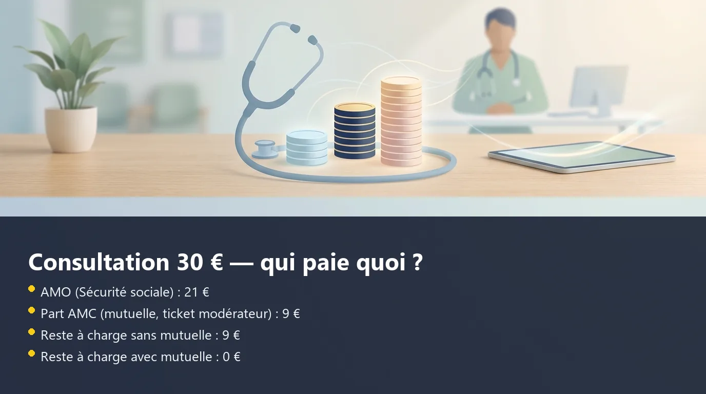 Infographie décomposant le remboursement d'une consultation à 30 euros entre AMO, AMC et reste à charge