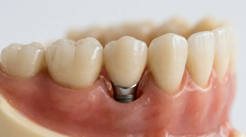 Couronne dentaire en céramique posée sur un implant en titane sur modèle dentaire fond blanc