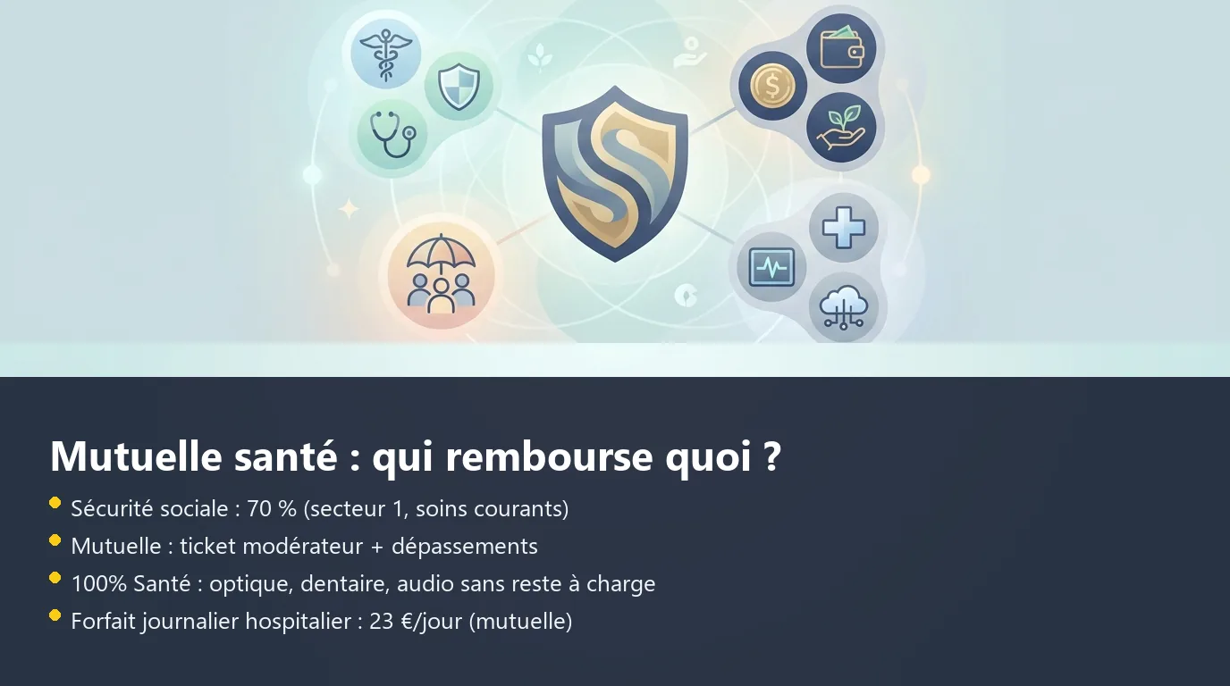 Schéma des quatre postes de couverture d'une mutuelle santé et leur articulation avec la Sécurité sociale
