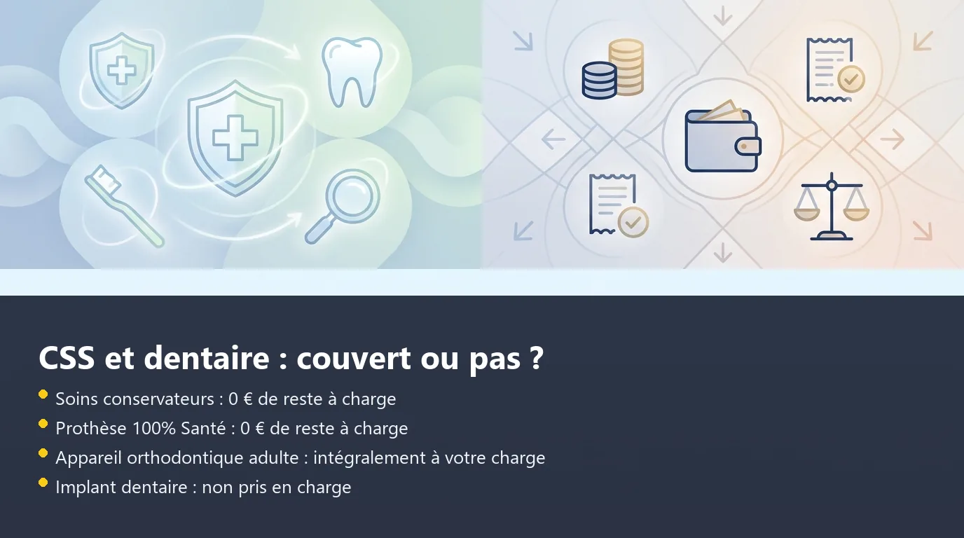 Infographie CSS et soins dentaires adultes : soins couverts et restes à charge